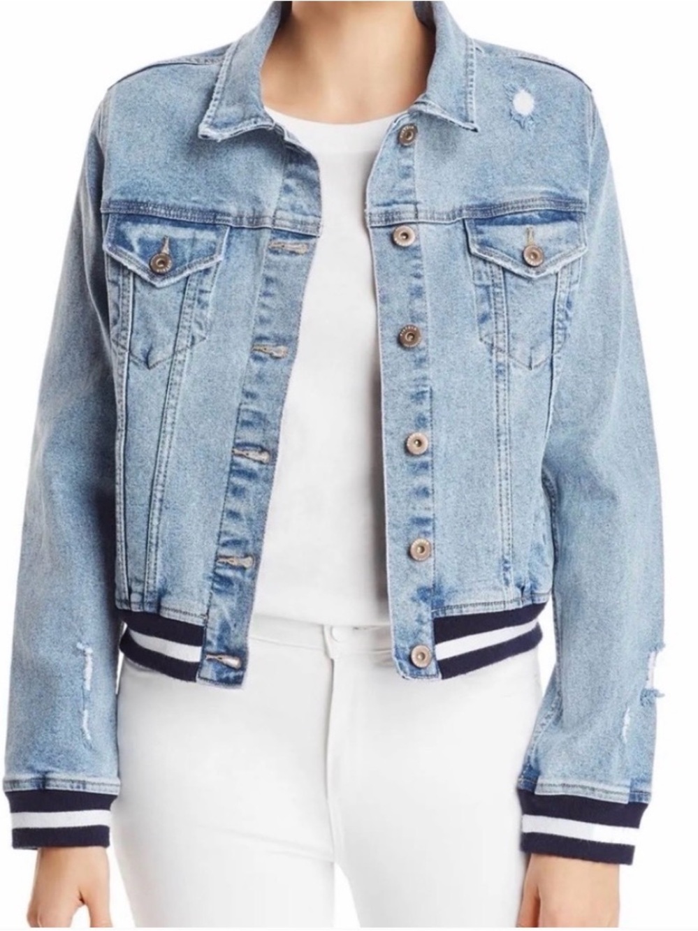Anthropologie Pistola Light Blue Denim Bomber-Trim Jean Jacket Size Medium